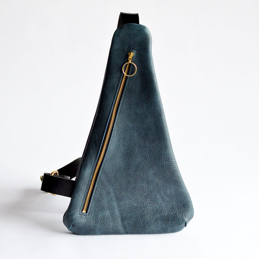 Triangle Sling Bag - Pebbled Navy Blue Slouchy Leather