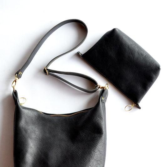 Leather BUCKET Crossbody Bag - Black Leather